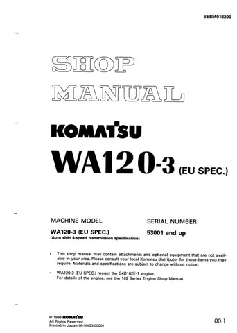 Unlock the full potential of your KOMATSU WA120-3 with the comprehensive EU SPEC Shop Manual (SEBM018300) in PDF format. This essential resource, designed for models 53001 and up, provides detailed insights into maintenance, troubleshooting, and repair procedures, ensuring your equipment operates at peak performance. With easy navigation and clear illustrations, this manual is perfect for both seasoned professionals and DIY enthusiasts looking to enhance their knowledge and efficiency. Invest in your machin