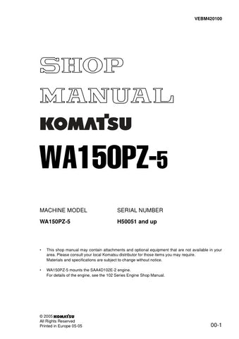 Unlock the full potential of your KOMATSU WA150PZ-5 with the comprehensive Service Manual (VEBM420100) in PDF format. This essential guide provides detailed instructions, schematics, and troubleshooting tips specifically designed for models H50051 and up, ensuring you have the knowledge to maintain and repair your equipment efficiently. With easy navigation and clear illustrations, this manual is a must-have resource for operators and technicians alike, helping you save time and reduce downtime. Invest in y