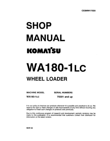 Unlock the full potential of your KOMATSU WA180-1LC Wheel Loader with the comprehensive Shop Manual CEBDW17020, available in a convenient PDF format. This essential resource provides detailed insights into maintenance, troubleshooting, and repair procedures, ensuring your equipment operates at peak performance. With easy navigation and clear illustrations, this manual is designed for both seasoned professionals and DIY enthusiasts, making it an invaluable addition to your toolkit. Don't miss the opportunity
