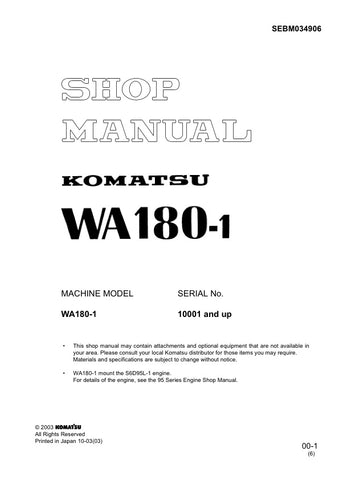 Unlock the full potential of your KOMATSU WA180-1 with the comprehensive Shop Manual SEBM034906, designed for models 10001 and up. This PDF file is an essential resource for technicians and DIY enthusiasts alike, providing detailed insights into maintenance, troubleshooting, and repair procedures. With clear diagrams and step-by-step instructions, you can ensure your equipment operates at peak performance, saving you time and money on costly repairs. Invest in this invaluable manual today and keep your KOMA