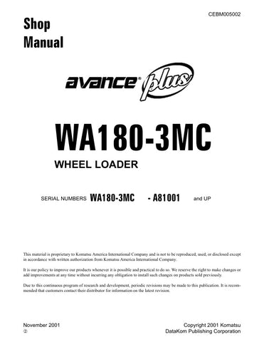  Unlock the full potential of your KOMATSU WA180-3MC Wheel Loader with the comprehensive Shop Manual (CEBM005002) in PDF format. This essential resource provides detailed insights into maintenance, troubleshooting, and repair procedures, ensuring your equipment operates at peak performance. With easy navigation and clear illustrations, this manual is designed for both seasoned professionals and DIY enthusiasts, making it an invaluable addition to your toolkit. Don't miss the opportunity to enhance your oper