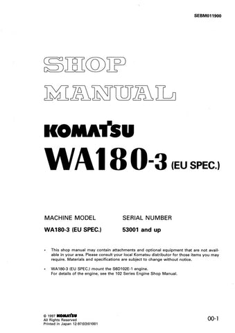 Unlock the full potential of your KOMATSU WA180-3 EU SPEC with the comprehensive Shop Manual SEBM011900, designed for models 53001 and up. This PDF file is an essential resource for technicians and operators alike, providing detailed insights into maintenance, troubleshooting, and repair procedures. With clear diagrams and step-by-step instructions, you can ensure optimal performance and longevity of your equipment. Invest in this manual today to enhance your operational efficiency and reduce downtime.