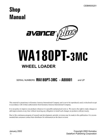 Enhance your maintenance and repair capabilities with the KOMATSU WA180PT-3MC A88001 & UP Wheel Loader Shop Manual (CEBM005201) in PDF format. This comprehensive manual provides detailed diagrams, specifications, and step-by-step instructions, ensuring you have all the information needed to keep your equipment running smoothly. Perfect for technicians and DIY enthusiasts alike, this digital resource allows for easy access and quick reference, making it an essential addition to your toolkit. Invest in your p