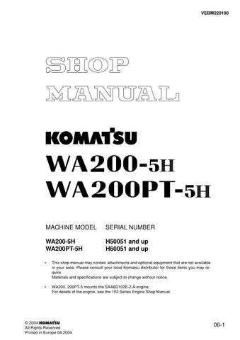 Unlock the full potential of your KOMATSU WA200-5H and WA200PT-5H with the comprehensive SHOP MANUAL VEBM220100, available as a convenient PDF file. This essential resource provides detailed insights into maintenance, troubleshooting, and repair procedures, ensuring your equipment operates at peak performance. With easy navigation and clear illustrations, this manual is designed for both seasoned professionals and DIY enthusiasts, making it an invaluable addition to your toolkit. Don't miss the opportunity 