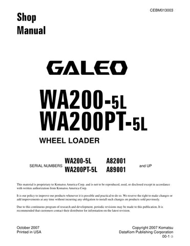 Unlock the full potential of your KOMATSU WA200-5L and WA200PT-5L wheel loaders with the comprehensive CEBM013003 shop manual, available in a convenient PDF format. This essential resource provides detailed maintenance and repair instructions, ensuring your equipment operates at peak performance. With easy navigation and clear diagrams, you can quickly troubleshoot issues and perform necessary repairs, saving you time and money. Invest in this manual today to enhance your operational efficiency and extend t