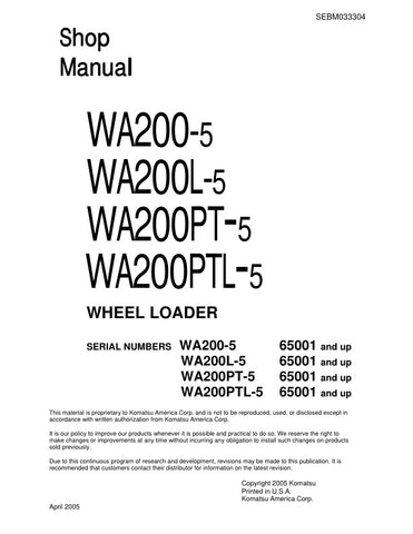Unlock the full potential of your KOMATSU WA200-5, WA200L-5, WA200PT-5, and WA200PTL-5 wheel loaders with the comprehensive Shop Manual SEBM033304. This PDF file is an essential resource for operators and technicians, providing detailed insights into maintenance, troubleshooting, and repair procedures. With clear diagrams and step-by-step instructions, you can ensure optimal performance and longevity of your equipment. Invest in this manual today to enhance your operational efficiency and keep your machiner