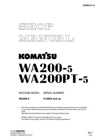 Unlock the full potential of your KOMATSU WA200-5 and WA200PT-5 with the comprehensive SHOP MANUAL SEBM0333-10, available in a convenient PDF format. This essential resource provides detailed insights into maintenance, troubleshooting, and repair procedures, ensuring your equipment operates at peak performance. With easy navigation and clear illustrations, this manual is designed for both seasoned professionals and DIY enthusiasts, making it an invaluable addition to your toolkit. Don't miss the opportunity