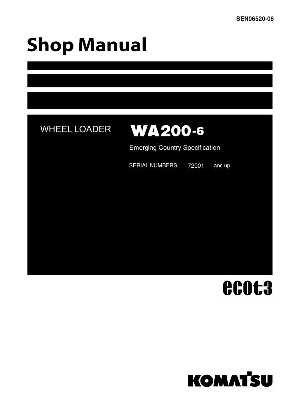 Enhance your maintenance and repair capabilities with the KOMATSU WA200-6 Wheel Loader Shop Manual (SEN06520-06). This comprehensive PDF file is designed for models 72001 and up, providing detailed insights into the machine's operation, troubleshooting, and repair procedures. With clear illustrations and step-by-step instructions, this manual is an essential resource for both professionals and DIY enthusiasts, ensuring your wheel loader remains in peak condition for optimal performance. Don't miss the oppor