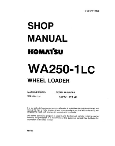 Unlock the full potential of your KOMATSU WA250-1LC Wheel Loader with the comprehensive Shop Manual (CEBMW18020) in PDF format. This essential resource provides detailed insights into maintenance, troubleshooting, and repair procedures, ensuring your equipment operates at peak performance. With easy navigation and clear illustrations, this manual is designed for both seasoned professionals and DIY enthusiasts, making it an invaluable addition to your toolkit. Don't miss the opportunity to enhance your opera