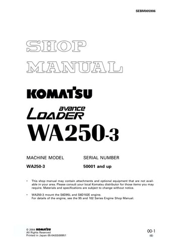 Unlock the full potential of your KOMATSU WA250-3 with the comprehensive Shop Manual SEBM005906, designed specifically for models 50001 and up. This PDF file is an essential resource for technicians and DIY enthusiasts alike, providing detailed instructions, schematics, and troubleshooting tips to ensure optimal performance and maintenance of your equipment. With easy navigation and clear illustrations, you can confidently tackle repairs and keep your machine running smoothly, saving time and money in the l