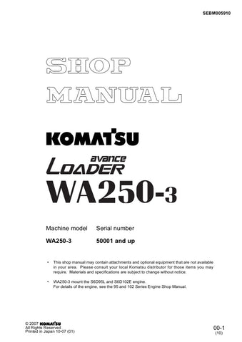 Unlock the full potential of your KOMATSU WA250-3 with the comprehensive Shop Manual SEBM005910, designed specifically for models 50001 and up. This PDF file is an essential resource for technicians and DIY enthusiasts alike, offering detailed diagrams, troubleshooting tips, and maintenance procedures to keep your equipment running smoothly. With easy navigation and clear instructions, you can confidently tackle repairs and ensure optimal performance, making this manual a must-have for anyone looking to ext