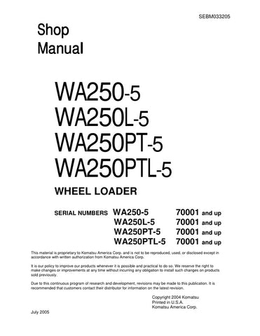Unlock the full potential of your KOMATSU WA250-5, WA250L-5, WA250PT-5, and WA250PTL-5 wheel loaders with the comprehensive SHOP MANUAL SEBM033205 in PDF format. This essential resource provides detailed maintenance procedures, troubleshooting tips, and specifications to ensure your equipment operates at peak performance. With easy navigation and clear illustrations, this manual is designed for both seasoned professionals and DIY enthusiasts, making it an invaluable addition to your toolkit. Enhance your pr