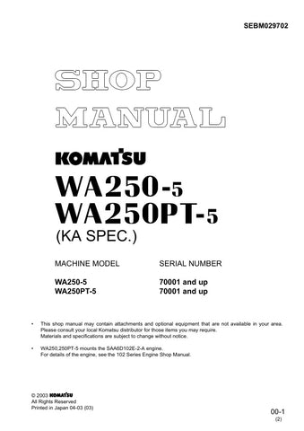 Unlock the full potential of your KOMATSU WA250-5 and WA250PT-5 with the comprehensive SHOP MANUAL SEBM029702, available in a convenient PDF format. This essential resource provides detailed insights into maintenance, troubleshooting, and repair procedures, ensuring your equipment operates at peak performance. With easy navigation and clear illustrations, this manual is designed for both seasoned professionals and DIY enthusiasts, making it an invaluable addition to your toolkit. Don't miss the opportunity 