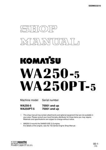 Unlock the full potential of your KOMATSU WA250-5 and WA250PT-5 with the comprehensive SHOP MANUAL SEBM033210, available as a convenient PDF file. This essential resource provides detailed insights into maintenance, troubleshooting, and repair procedures, ensuring your equipment operates at peak performance. With easy navigation and clear illustrations, this manual is designed for both seasoned professionals and DIY enthusiasts, making it an invaluable addition to your toolkit. Don't miss the opportunity to