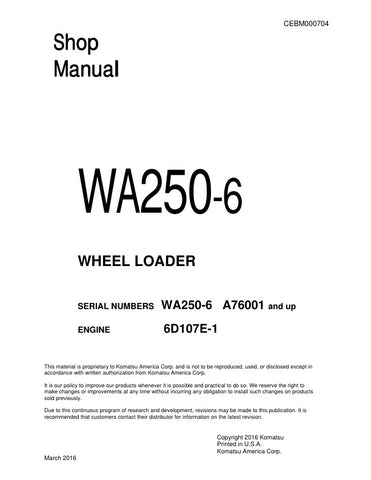 Unlock the full potential of your KOMATSU WA250-6 Wheel Loader with the comprehensive shop manual (CEBM000704) in PDF format. This essential resource provides detailed maintenance procedures, troubleshooting tips, and specifications tailored for models A76001 and up, ensuring you have the knowledge to keep your equipment running smoothly. With easy navigation and clear illustrations, this manual is perfect for both seasoned professionals and DIY enthusiasts, making it a must-have for anyone looking to enhan