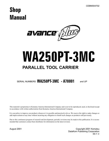  Enhance your maintenance and repair capabilities with the KOMATSU WA250PT-3MC A78001 & UP Parallel Tool Carrier Shop Manual (CEBM004702) in PDF format. This comprehensive guide provides detailed schematics, troubleshooting tips, and step-by-step instructions tailored for your Komatsu equipment, ensuring you can efficiently address any issues that arise. With easy navigation and instant access, this manual is an essential resource for professionals looking to maximize the performance and longevity of their 
