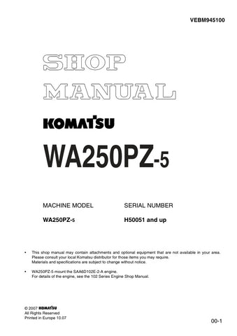 Unlock the full potential of your KOMATSU WA250PZ-5 with the comprehensive SHOP MANUAL VEBM945100, designed specifically for models H50051 and up. This PDF file is an essential resource for operators and technicians, providing detailed insights into maintenance, troubleshooting, and repair procedures. With clear diagrams and step-by-step instructions, you can ensure optimal performance and longevity of your equipment. Invest in this manual today to enhance your operational efficiency and reduce downtime.