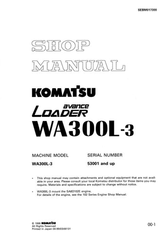 Unlock the full potential of your KOMATSU WA300L-3 with the comprehensive SHOP MANUAL SEBM017300, designed for models 53001 and up. This PDF file is an essential resource for operators and technicians alike, providing detailed insights into maintenance, troubleshooting, and repair procedures. With clear diagrams and step-by-step instructions, you can ensure optimal performance and longevity of your equipment. Invest in this manual today to enhance your operational efficiency and reduce downtime.