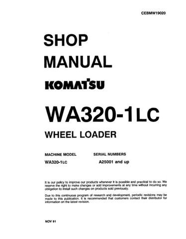 Unlock the full potential of your KOMATSU WA320-1LC Wheel Loader with the comprehensive Shop Manual (CEBMW19020) in PDF format. This essential resource provides detailed insights into maintenance, troubleshooting, and repair procedures, ensuring your equipment operates at peak performance. With easy navigation and clear illustrations, this manual is designed for both seasoned professionals and DIY enthusiasts, making it an invaluable addition to your toolkit. Don't miss the opportunity to enhance your opera