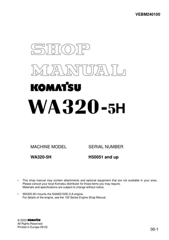 Unlock the full potential of your KOMATSU WA320-5H with the comprehensive SHOP MANUAL VEBM240100, designed specifically for models H50051 and up. This PDF file is an essential resource for technicians and DIY enthusiasts alike, providing detailed diagrams, troubleshooting tips, and maintenance procedures to keep your equipment running smoothly. With easy navigation and clear instructions, you can save time and reduce downtime, ensuring your machine operates at peak performance. Invest in this invaluable man