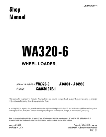 Unlock the full potential of your KOMATSU WA320-6 Wheel Loader with the comprehensive shop manual (CEBM019803) in PDF format. This essential resource provides detailed insights into maintenance, troubleshooting, and repair procedures, ensuring your equipment operates at peak performance. With easy navigation and clear illustrations, this manual is designed for both seasoned professionals and DIY enthusiasts, making it an invaluable addition to your toolkit. Don't miss the opportunity to enhance your operati