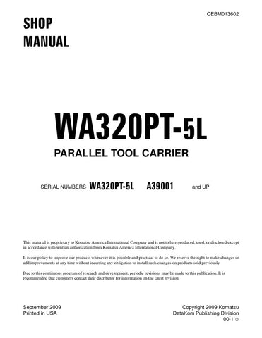 Unlock the full potential of your KOMATSU WA320PT-5L with the comprehensive Parallel Tool Carrier Shop Manual (CEBM013602). This PDF file is an essential resource for operators and technicians, providing detailed insights into maintenance, troubleshooting, and repair procedures. With clear diagrams and step-by-step instructions, you can ensure optimal performance and longevity of your equipment. Invest in this manual today to enhance your operational efficiency and reduce downtime.