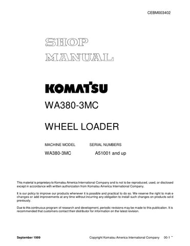 Unlock the full potential of your KOMATSU WA380-3MC with the comprehensive SHOP MANUAL CEBM003402, available as a convenient PDF file. This essential resource provides detailed insights into maintenance, troubleshooting, and repair procedures, ensuring your equipment operates at peak performance. With easy navigation and clear illustrations, this manual is designed for both seasoned professionals and DIY enthusiasts, making it an invaluable addition to your toolkit. Don't miss the opportunity to enhance you