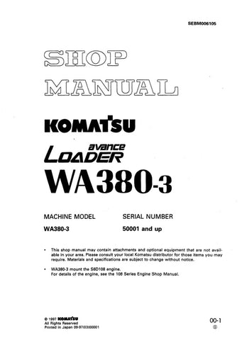 Unlock the full potential of your KOMATSU WA380-3 with the comprehensive Shop Manual SEBM006105, designed specifically for models 50001 and up. This PDF file is an essential resource for technicians and DIY enthusiasts alike, providing detailed instructions, schematics, and troubleshooting tips to ensure optimal performance and maintenance of your equipment. With easy navigation and clear illustrations, you can confidently tackle repairs and keep your machine running smoothly, saving time and money in the l