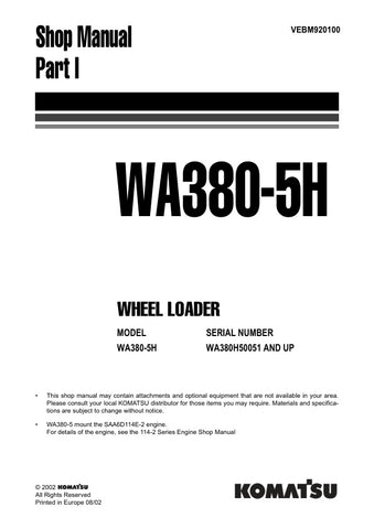 Enhance your maintenance and repair capabilities with the KOMATSU WA380-5H Wheel Loader Shop Manual (VEBM920100). This comprehensive PDF file is designed for models H50051 and up, providing detailed insights into the machine's operation, troubleshooting, and repair procedures. With clear diagrams and step-by-step instructions, this manual ensures you can efficiently manage your equipment, reduce downtime, and extend the life of your wheel loader. Invest in this essential resource today and keep your operati