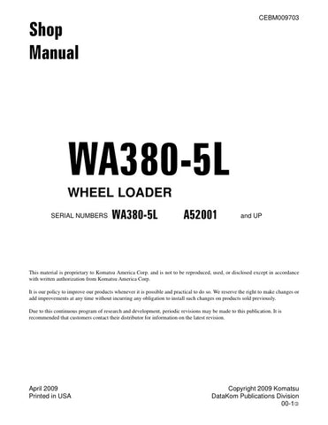 Enhance your maintenance and repair capabilities with the KOMATSU WA380-5L A52001 & UP Wheel Loader Shop Manual (CEBM009703) in PDF format. This comprehensive manual provides detailed instructions, diagrams, and specifications tailored for your wheel loader, ensuring you have the essential information at your fingertips. Perfect for both professionals and DIY enthusiasts, this digital resource streamlines troubleshooting and repairs, helping you keep your equipment running smoothly and efficiently. Invest i
