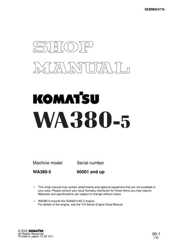 Unlock the full potential of your KOMATSU WA380-5 with the comprehensive Service Manual SEBM024716, designed specifically for models 60001 and up. This PDF file is an essential resource for technicians and operators alike, providing detailed instructions, troubleshooting tips, and maintenance guidelines to ensure optimal performance and longevity of your equipment. With easy navigation and clear diagrams, you can quickly find the information you need to keep your machine running smoothly. Invest in this inv