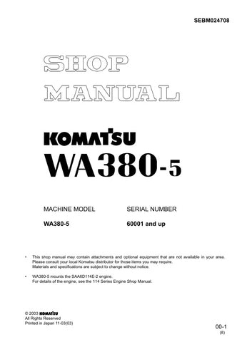 Unlock the full potential of your KOMATSU WA380-5 with the comprehensive Shop Manual SEBM024708, available in a convenient PDF format. This essential resource provides detailed insights into maintenance, troubleshooting, and repair procedures, ensuring your equipment operates at peak performance. With easy navigation and clear illustrations, this manual is designed for both seasoned professionals and DIY enthusiasts, making it an invaluable addition to your toolkit. Don't miss the opportunity to enhance you