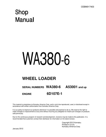 Unlock the full potential of your KOMATSU WA380-6 Wheel Loader with the comprehensive Shop Manual CEBM017403, available in a convenient PDF format. This essential guide provides detailed insights into maintenance, troubleshooting, and repair procedures, ensuring your equipment operates at peak performance. With easy navigation and clear illustrations, this manual is designed for both seasoned professionals and DIY enthusiasts, making it an invaluable resource for keeping your loader in top condition. Don't 