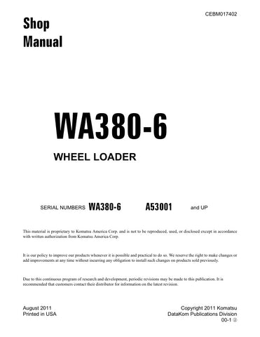 Unlock the full potential of your KOMATSU WA380-6 Wheel Loader with the comprehensive Shop Manual (CEBM017402) in PDF format. This essential guide provides detailed insights into maintenance, troubleshooting, and repair procedures, ensuring your equipment operates at peak performance. With easy navigation and clear illustrations, this manual is designed for both seasoned professionals and newcomers alike, making it an invaluable resource for maximizing productivity and minimizing downtime. Invest in your ma