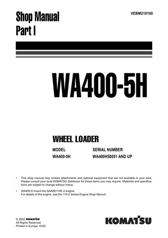 Enhance your maintenance and repair capabilities with the KOMATSU WA400-5H Wheel Loader Shop Manual (VEBM210100). This comprehensive PDF file is designed specifically for models H50051 and up, providing you with detailed diagrams, troubleshooting tips, and step-by-step instructions to ensure optimal performance of your equipment. With this manual at your fingertips, you can save time and reduce downtime, making it an essential resource for any operator or technician looking to keep their Komatsu wheel loade