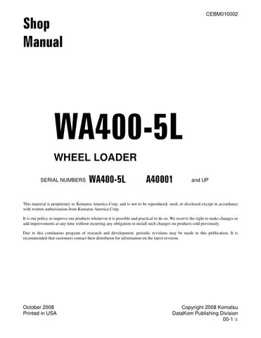 Unlock the full potential of your KOMATSU WA400-5L Wheel Loader with the comprehensive Shop Manual (CEBM010002) in PDF format. This essential resource provides detailed insights into maintenance, troubleshooting, and repair procedures, ensuring your equipment operates at peak performance. With easy navigation and clear illustrations, this manual is designed for both seasoned professionals and DIY enthusiasts, making it an invaluable addition to your toolkit. Don't miss the opportunity to enhance your operat