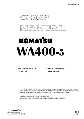 Unlock the full potential of your KOMATSU WA400-5 with the comprehensive SHOP MANUAL SEBM028005, available as a convenient PDF file. This essential resource provides detailed insights into maintenance, troubleshooting, and repair procedures, ensuring your equipment operates at peak performance. With easy navigation and clear illustrations, this manual is designed for both seasoned professionals and DIY enthusiasts, making it an invaluable addition to your toolkit. Don't miss the opportunity to enhance your 