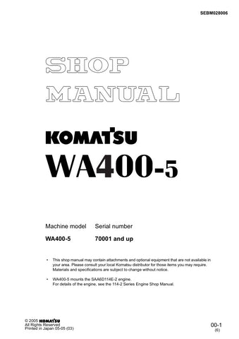 Unlock the full potential of your KOMATSU WA400-5 with the comprehensive SHOP MANUAL SEBM028006, available in a convenient PDF format. This essential guide provides detailed insights into maintenance, troubleshooting, and repair procedures, ensuring your equipment operates at peak performance. With easy navigation and clear illustrations, this manual is designed for both seasoned professionals and DIY enthusiasts, making it an invaluable resource for anyone looking to enhance their machinery's longevity and