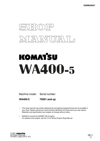 Unlock the full potential of your KOMATSU WA400-5 with the comprehensive SHOP MANUAL SEBM028007, available as a convenient PDF file. This essential resource provides detailed insights into maintenance, troubleshooting, and repair procedures, ensuring your equipment operates at peak performance. With easy navigation and clear illustrations, this manual is designed for both seasoned professionals and DIY enthusiasts, making it an invaluable addition to your toolkit. Don't miss the opportunity to enhance your 
