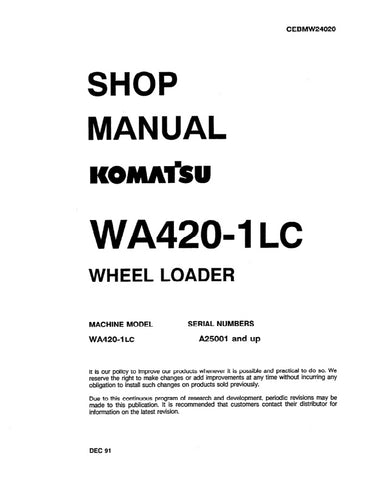 Unlock the full potential of your KOMATSU WA420-1LC Wheel Loader with the comprehensive Shop Manual CEBDW24020, designed specifically for models A25001 and up. This PDF file is an essential resource for operators and technicians alike, providing detailed diagrams, maintenance tips, and troubleshooting guidance to ensure optimal performance and longevity of your equipment. With easy navigation and clear instructions, you can confidently tackle repairs and maintenance tasks, saving time and reducing downtime.