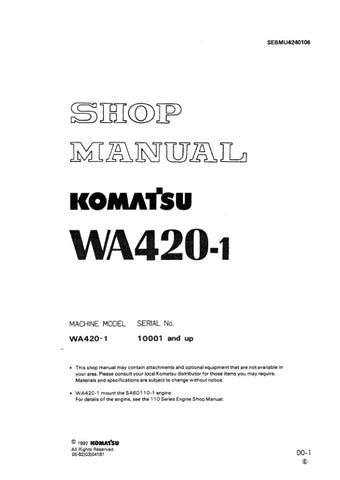  Unlock the full potential of your KOMATSU WA420-1 with the comprehensive Shop Manual SEBMU4240106, designed specifically for models 10001 and up. This PDF file is an essential resource for technicians and DIY enthusiasts alike, providing detailed diagrams, maintenance tips, and troubleshooting guidance to ensure your equipment operates at peak performance. With easy navigation and clear instructions, this manual empowers you to tackle repairs and maintenance with confidence, saving you time and money. Don'