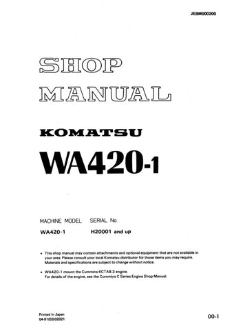 Unlock the full potential of your KOMATSU WA420-1 with the comprehensive H20001 & UP Shop Manual (JEBM000200) in PDF format. This essential resource provides detailed insights into maintenance, troubleshooting, and repair procedures, ensuring your equipment operates at peak performance. With easy navigation and clear illustrations, this manual is designed for both seasoned professionals and DIY enthusiasts, making it an invaluable addition to your toolkit. Don't miss out on the opportunity to enhance your o
