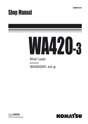 Enhance your maintenance and repair capabilities with the KOMATSU WA420-3 Wheel Loader Shop Manual (VEBM470104). This comprehensive PDF file is designed specifically for models WA420H20051 and up, providing detailed insights into the machine's operation, troubleshooting, and repair procedures. With easy navigation and clear illustrations, this manual is an essential resource for technicians and operators alike, ensuring you can keep your equipment running smoothly and efficiently. Invest in this invaluable 