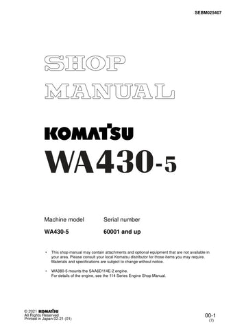 Unlock the full potential of your KOMATSU WA430-5 with the comprehensive Shop Manual SEBM025407, designed for models 60001 and up. This PDF file is an essential resource for technicians and DIY enthusiasts alike, providing detailed diagrams, troubleshooting tips, and maintenance procedures to keep your equipment running smoothly. With easy navigation and clear instructions, you can confidently tackle repairs and ensure optimal performance, making this manual a must-have for anyone looking to enhance their o