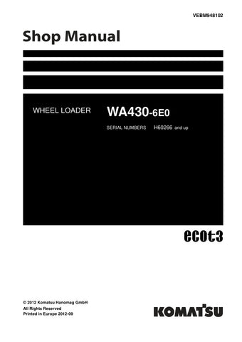 Enhance your maintenance and repair capabilities with the KOMATSU WA430-6E0 H60266 & UP Wheel Loader Shop Manual (VEBM948102) in PDF format. This comprehensive manual provides detailed instructions, diagrams, and specifications tailored for your wheel loader, ensuring you have all the information needed for efficient servicing. Perfect for both professionals and DIY enthusiasts, this digital resource allows for easy access and quick reference, helping you keep your equipment running smoothly and effectively