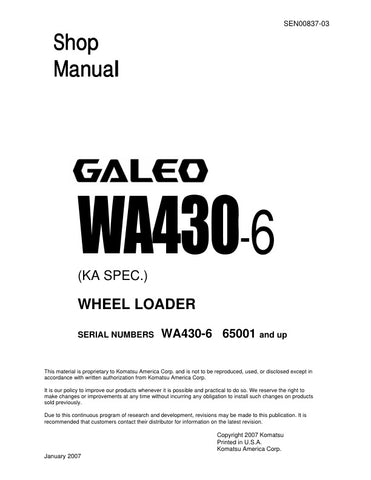 Unlock the full potential of your KOMATSU WA430-6 Wheel Loader with the comprehensive SHOP MANUAL SEN00837-03, available in a convenient PDF format. This essential resource provides detailed insights into maintenance, troubleshooting, and repair procedures, ensuring your equipment operates at peak performance. With easy navigation and clear illustrations, this manual is designed for both seasoned professionals and DIY enthusiasts, making it an invaluable addition to your toolkit. Don't miss the opportunity 