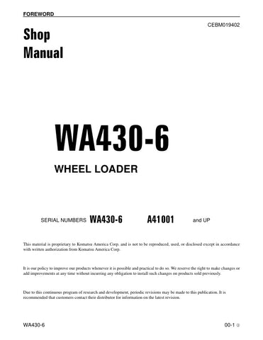 Enhance your maintenance and repair capabilities with the KOMATSU WA430-6 A41001 & UP Wheel Loader Shop Manual (CEBM019402) in PDF format. This comprehensive manual provides detailed instructions, diagrams, and specifications essential for efficient servicing of your wheel loader. With easy navigation and a user-friendly layout, you can quickly find the information you need to keep your equipment running smoothly and minimize downtime. Invest in this invaluable resource to ensure optimal performance and lon