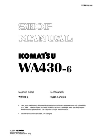 Unlock the full potential of your KOMATSU WA430-6 with the comprehensive SHOP MANUAL VEBM350100, available in a convenient PDF format. This essential guide provides detailed insights into maintenance, troubleshooting, and repair procedures, ensuring your equipment operates at peak performance. With easy navigation and clear illustrations, this manual is designed for both seasoned professionals and DIY enthusiasts, making it an invaluable resource for keeping your machinery in top condition. Don't miss out o