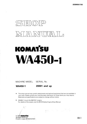 Unlock the full potential of your KOMATSU WA450-1 with the comprehensive SHOP MANUAL SEBM001700, designed specifically for models 20001 and up. This PDF file is an essential resource for operators and technicians alike, providing detailed insights into maintenance, troubleshooting, and repair procedures. With clear diagrams and step-by-step instructions, you can ensure optimal performance and longevity of your equipment. Invest in this manual today to enhance your operational efficiency and reduce downtime.