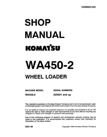 Unlock the full potential of your KOMATSU WA450-2 Wheel Loader with the comprehensive Shop Manual (CEBMW21020) in PDF format. This essential resource provides detailed insights into maintenance, troubleshooting, and repair procedures, ensuring your equipment operates at peak performance. With easy navigation and clear illustrations, this manual is designed for both seasoned professionals and DIY enthusiasts, making it an invaluable addition to your toolkit. Don't miss the opportunity to enhance your operati
